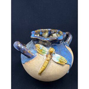 Vintage Art Pottery Vase Blue Drip Glaze w/ Dragonfly Design Handles Home Decor